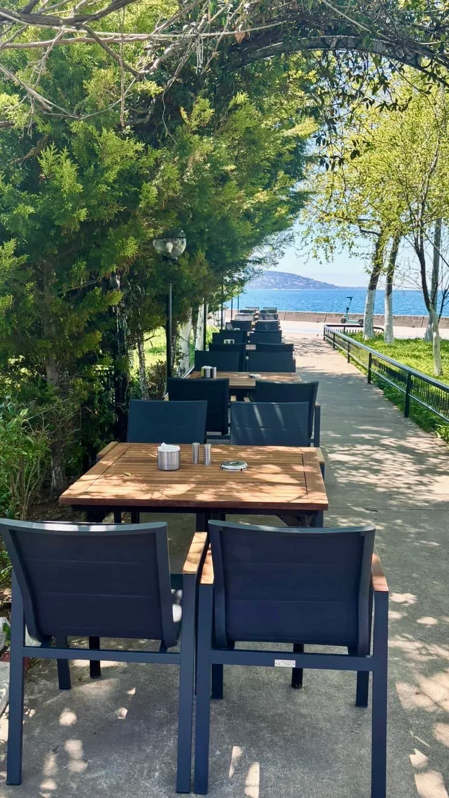 Tables in the shade of the trees at Maltepe, with the Princes' Islands in view